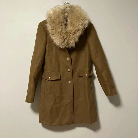 Zara Manteco Premium Wool Blend Tailored Camel Faux Fur Collar Coat - Picture 2 of 10
